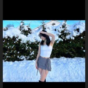 Micro Grey Pleated Skort with Waist Ties and Zipper Detail in Front - Size S